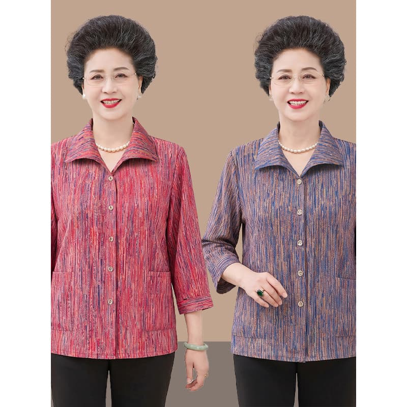 Camisa de lapela de manga três quartos para mulheres idosas de meia-idade roupa de mãe verão estilo fino camisa solta el