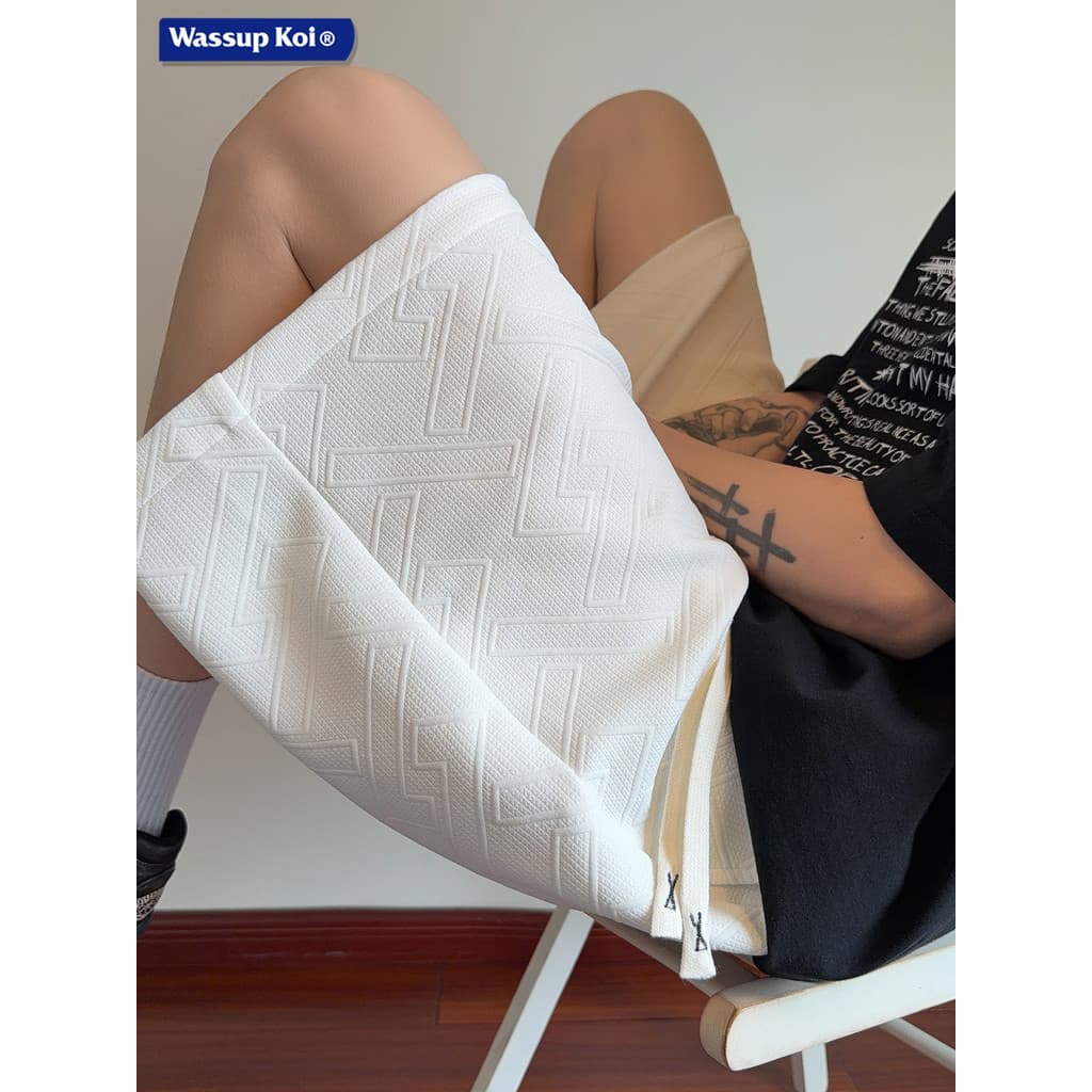 WASSUP KOI American Texture Jacquard Calças de cinco pontos masculinas verão soltas casuais Shorts retos calças respiráv