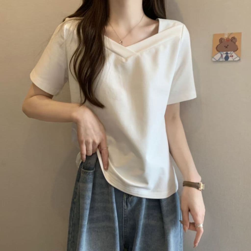 Primavera verão versão coreana hortelã Mambo com decote em v camiseta de manga curta feminina gordura mm tamanho grande