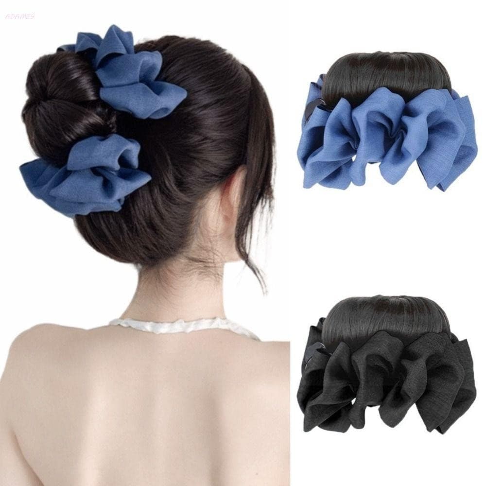 ADAMES coque azul-preto com laço, aplique de cabelo sintético com presilha, coque natural LFGU