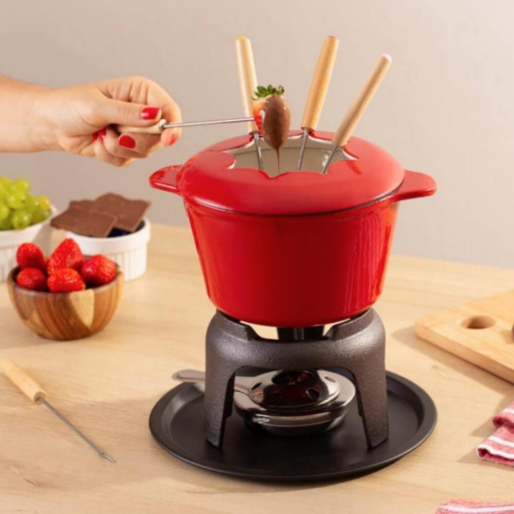 Jogo Fondue Vermelho de Ferro Fundido Ideal para 4 Pessoas