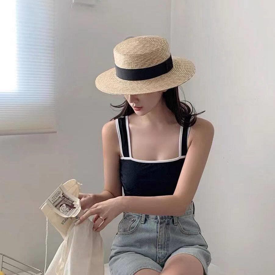Chapéu de topo plano feminino férias de verão beira-mar panamá chapéu de palha aba plana chapéu de praia francês palha g