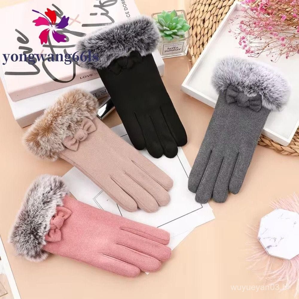 YONGWANG Luvas De Pelúcia Com Laço , Tela Sensível Ao Toque , Veludo De Inverno Quentes Femininas Grossas De Cor Sólida