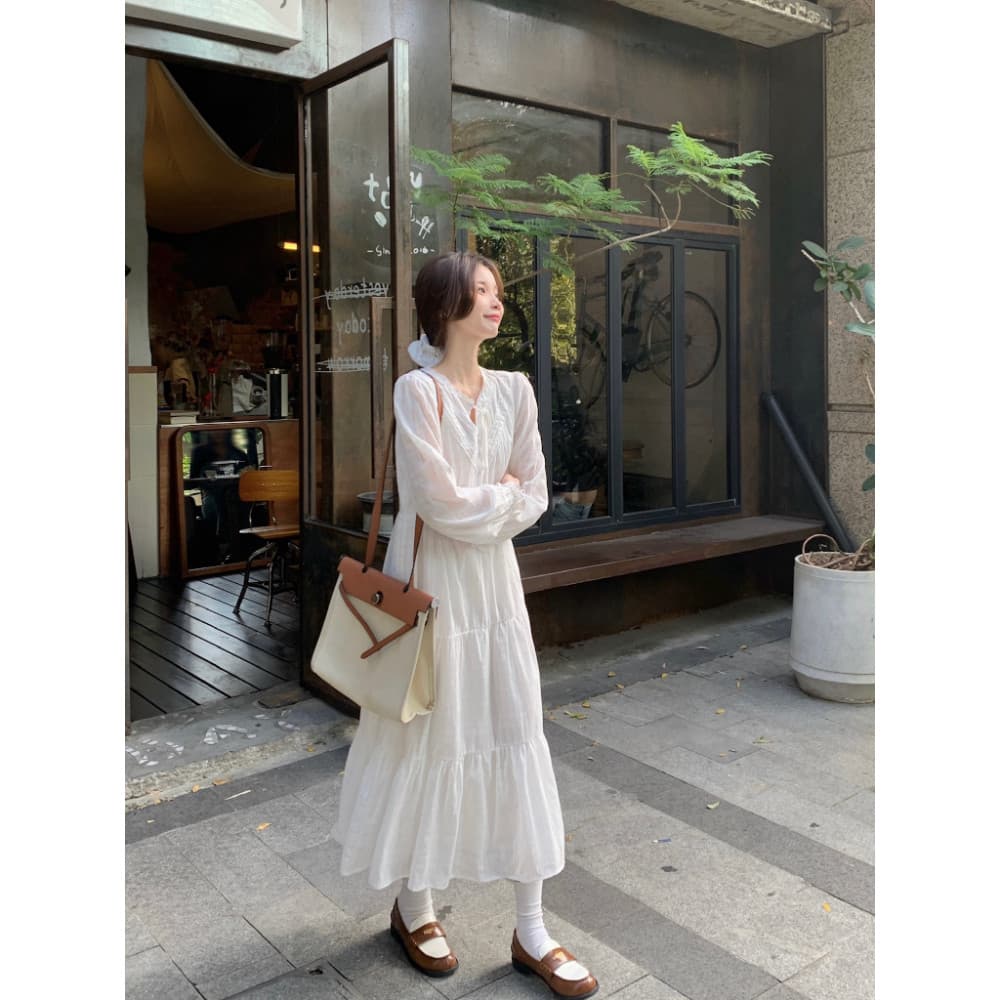 Kumikumi temperamento branco vestido de manga comprida feminino primavera estilo suave saia linha A mais magro olhar sai