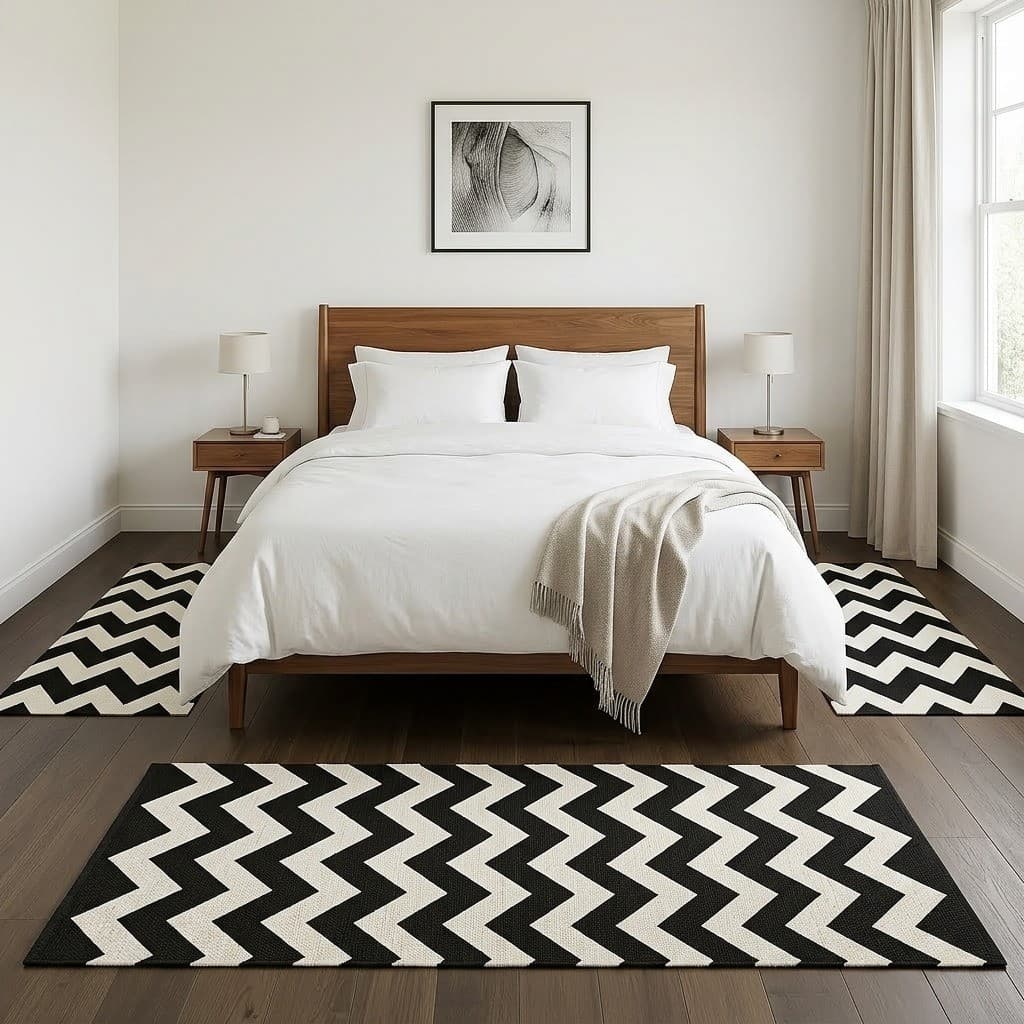 Tapetes Para Quarto Kit Com 3 Peças Chevron Preto E Branco