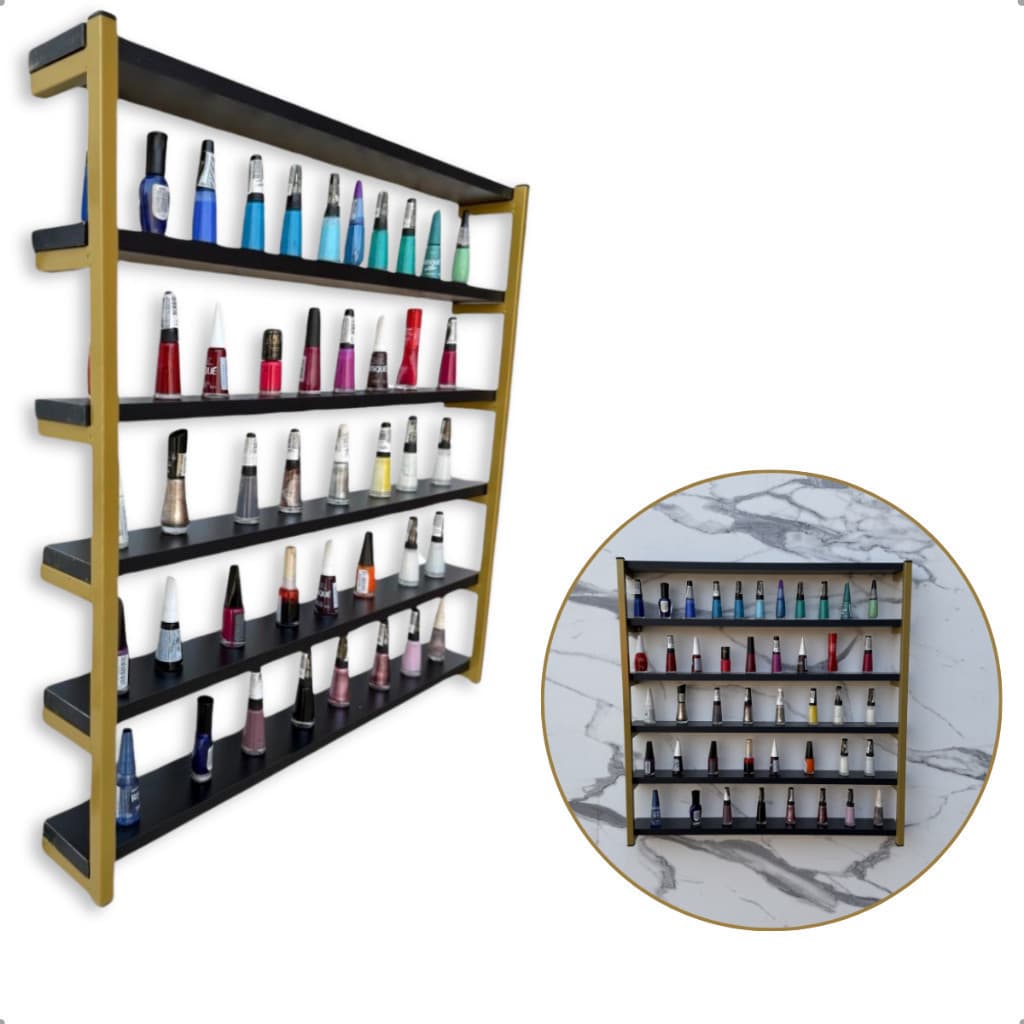 Expositor de Esmaltes Parede Industrial – Ferro Dourado com MDF Preto Sofisticado