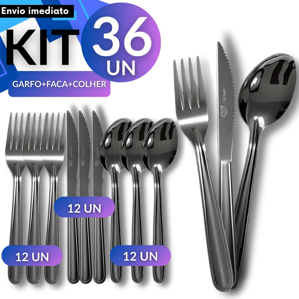 Conjunto 36 Peças Garfo Faca Colher de Mesa Inox Polido Alto Brilho Resistente Uso Diário Talheres