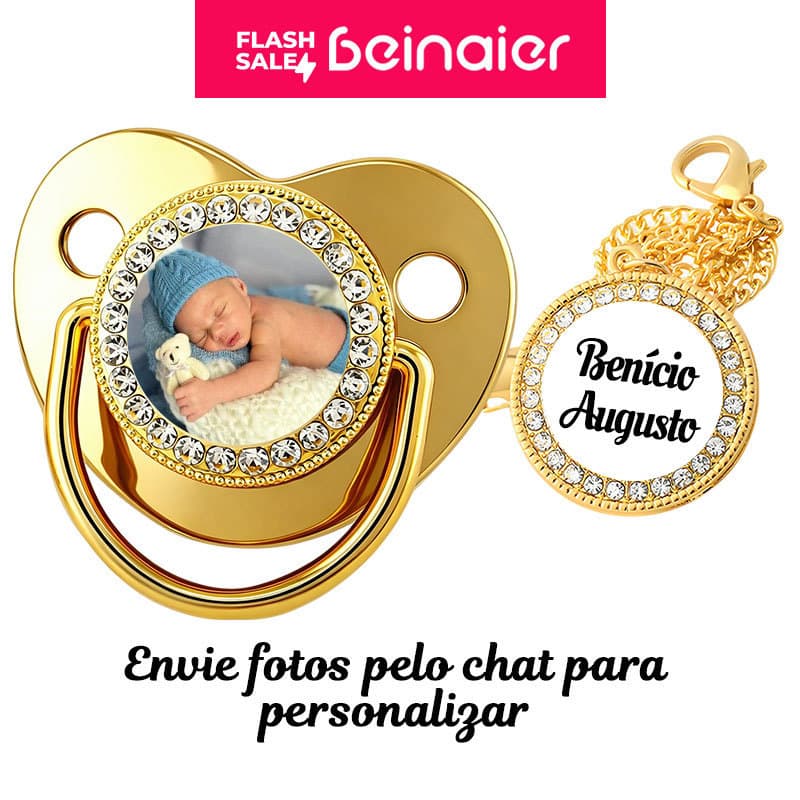 Chupeta para bebês com nome dourado e cordão, Bico De Silicone BPA Free