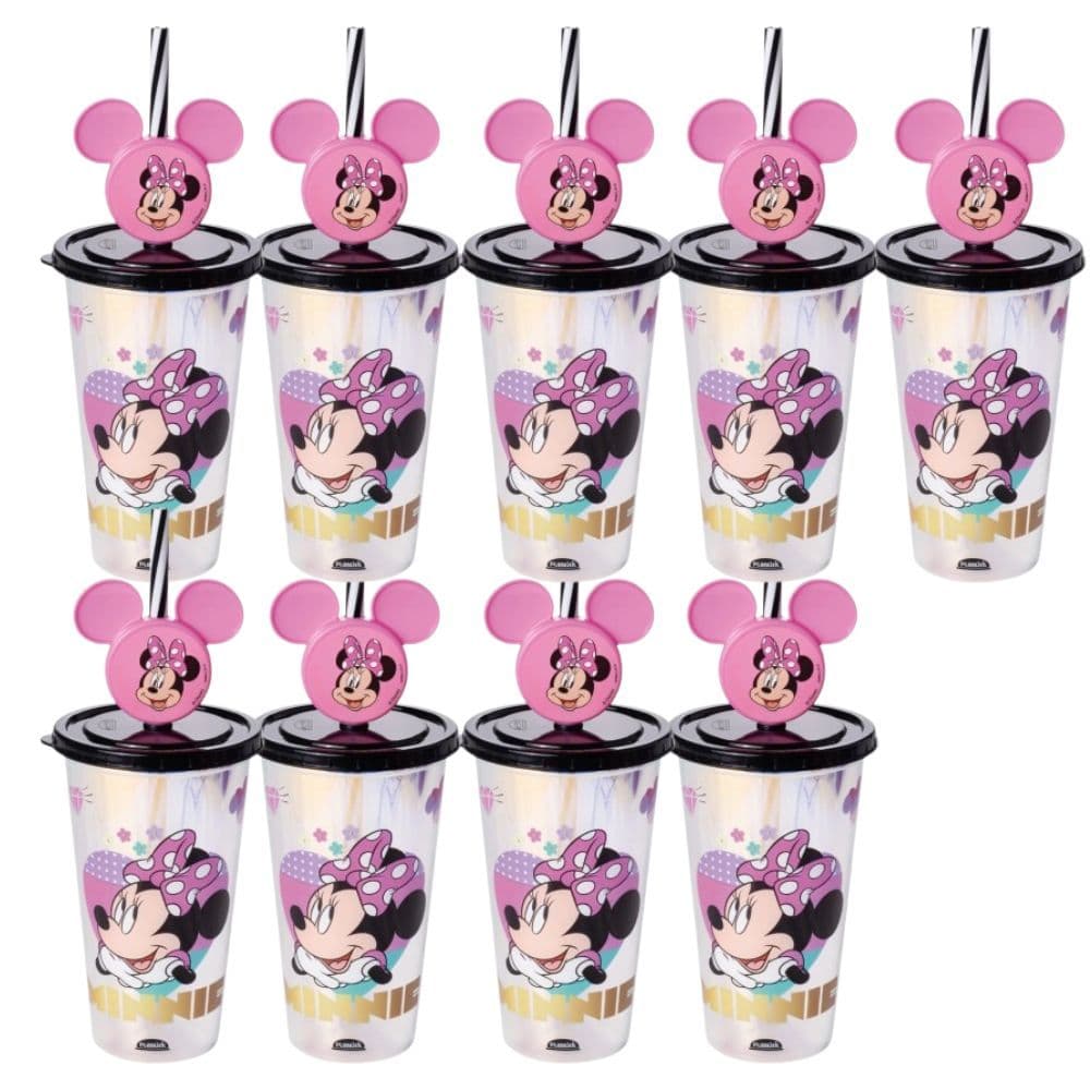 Kit 9 Copos Minnie Para Lembrancinha Festa C/tampa 500ml Plasútil