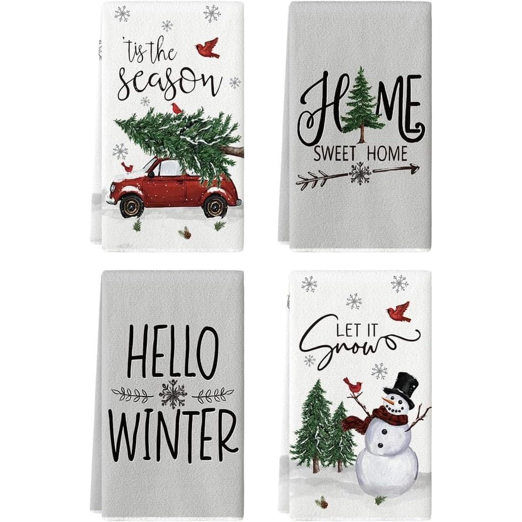 Conjunto de 4 Toalhas de Cozinha Artoid Mode com Estampa de Caminhão de Boneco de Neve e Árvore de Natal, 18x26 Polegada