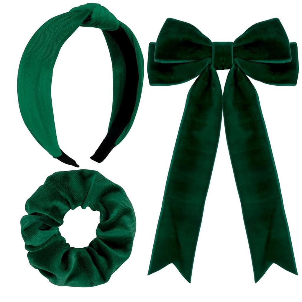Conjunto de Acessórios de Cabelo Verde para Meninas, 3 Peças: Laço de Veludo, Presilhas de Cabelo e Elásticos para Menin