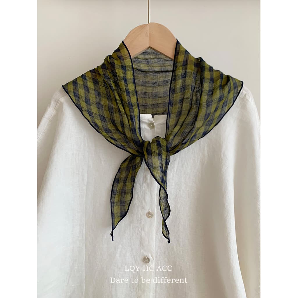 Li Qiaoyou Japonês Retro 100% Linho Xadrez Triângulo Cachecol Feminino Verão Estilo Fino Lenço de Cabeça Pescoço Proteçã