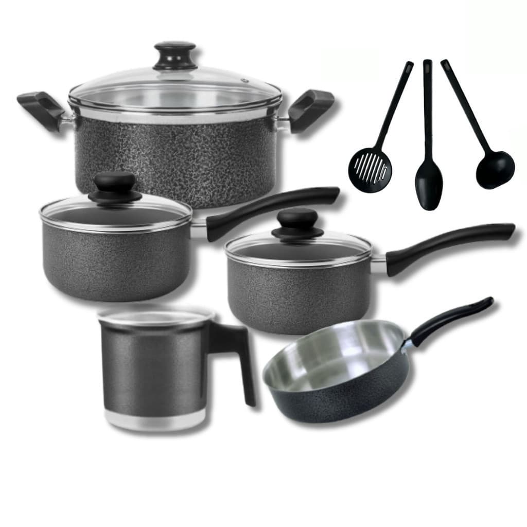 Conjunto Panelas EM OFERTA Alumínio Kit 5 Peças Caçarola 18, Panela 18, Panela 16, Frigideira 18, Leiteira 12+ Espátulas