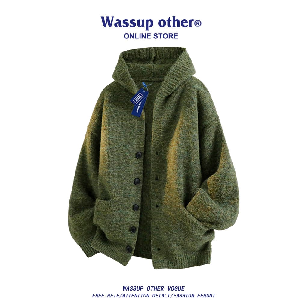 WASSUP OUTRO estilo dinheiro antigo com capuz Cardigan suéter masculino primavera outono solto suéter de alta qualidade