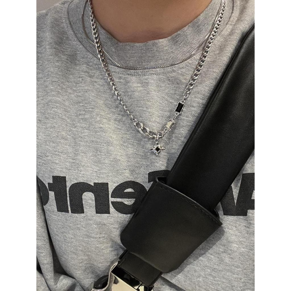Único estilo Punk Multi-tira combinação colar meninos High-End Metal dupla camada quadrado diamante estrela colar acessó