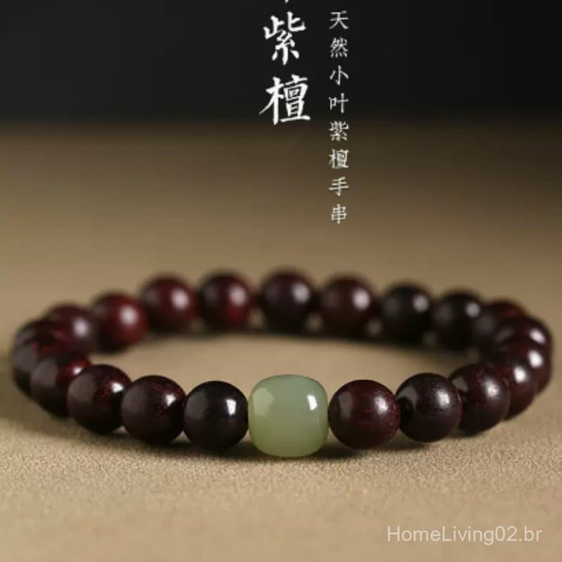 Pulseira de jacarandá natural de folhas pequenas para casais, pulseira de sândalo preto feminina, joia com conta superio