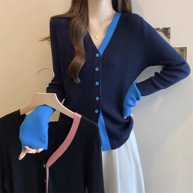 T temperamento capa carne redução de idade mais magro olhar cor combinando com decote em V Cardigan de malha moda novo e