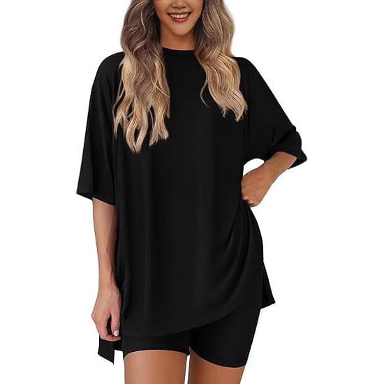 Blusa Feminina Elegante , Gola Redonda casual , shorts Soltos Com Fenda , Conjunto De Roupas Para Casa De Manga Curta