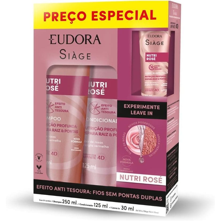 Kit Siage Eudora Nutri Rose shampoo 250 ml + condicionador 125 ml + Leave-in 30ml Eudora