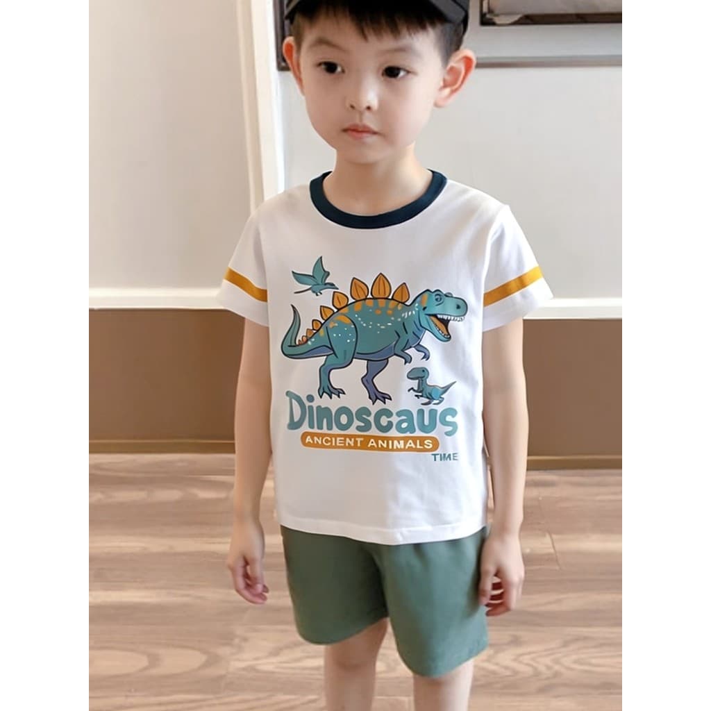 27 crianças versão coreana roupas infantis 2026 verão novo estilo menino topo dos desenhos animados dinossauro impressão