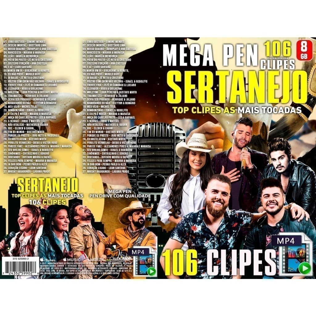 Usb 8gb Mega Pen - Sertanejo Top Clipes As Mais Tocadas - 106 clipes + Bônus