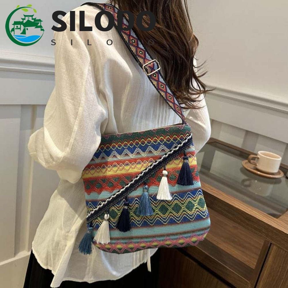 SILODO Bolsas Crossbody Estilo Étnico , Bolsa De Ombro Com Franjas Tecidas De Grande Capacidade Boêmia Para Telefone