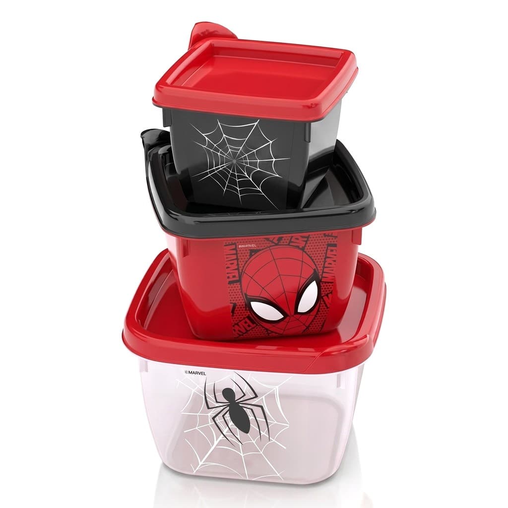 Kit 3 Potes De Plástico Infantil Bebê Com Tampa Homem Aranha Lancheira Frutas Marmita - Plasútil