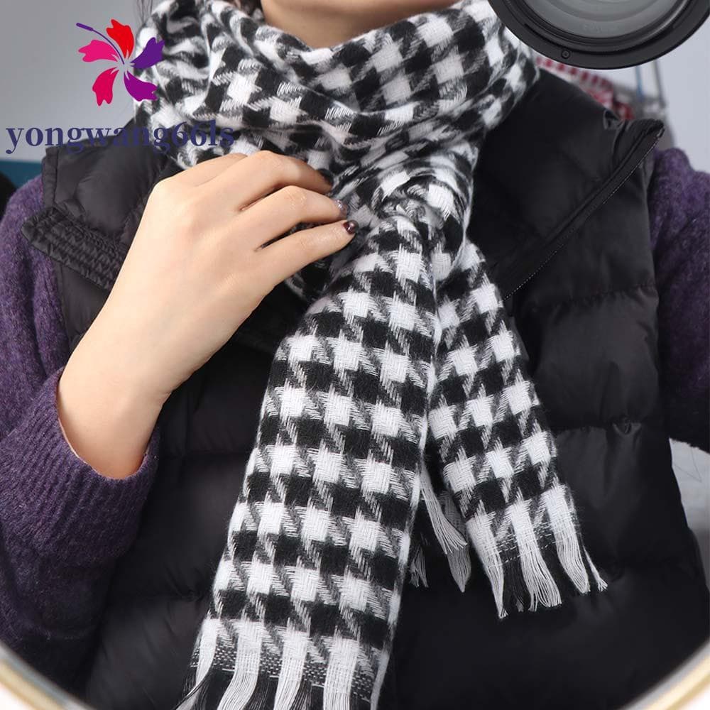 Cachecol Houndstooth De Malha YONGWANG , Lenço Xadrez Y2K À Prova De Vento Espesso , Xale Longo De Caxemira De Inverno