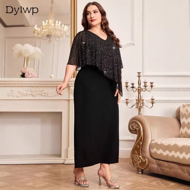 Plus Size Brilhante Capa Manga Vestido De Noite Feminino Elegante Com Decote Em V Chiffon Lantejoulas Festa Formal Longo