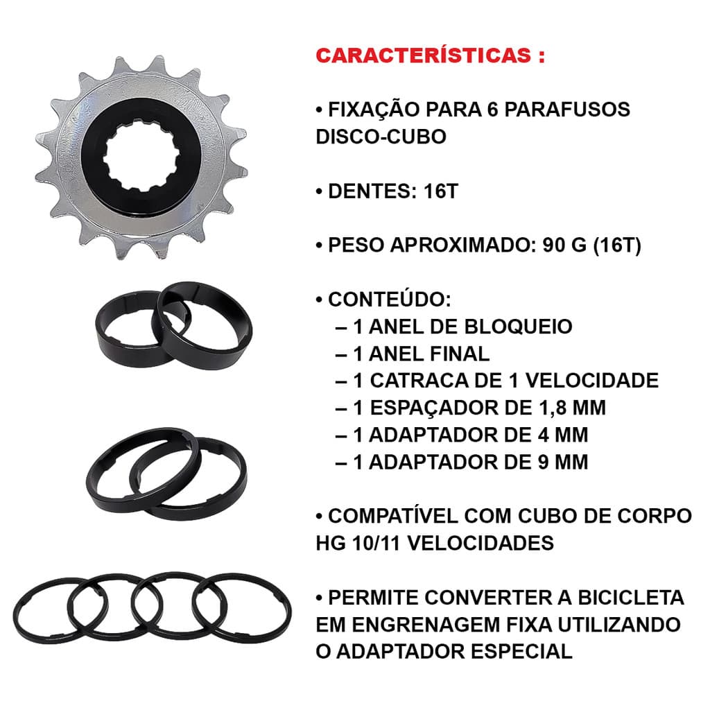 Kit Conversor  Cubo Cassete Catraca Unica Speed  Pinhão  16/18 Dentes