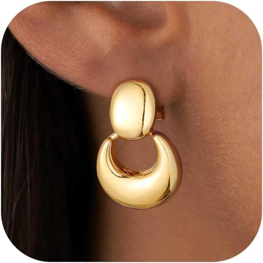 Brincos de Pressão Dourados Robustos para Mulheres, Banhados a Ouro 14K, Brincos Pendentes Estilo Aldrava, Vários Estilo