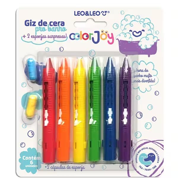 Giz de Cera Retrátil para Banho com 2 Cápsulas de Esponja Surpresa Color Joy Leo&Leo