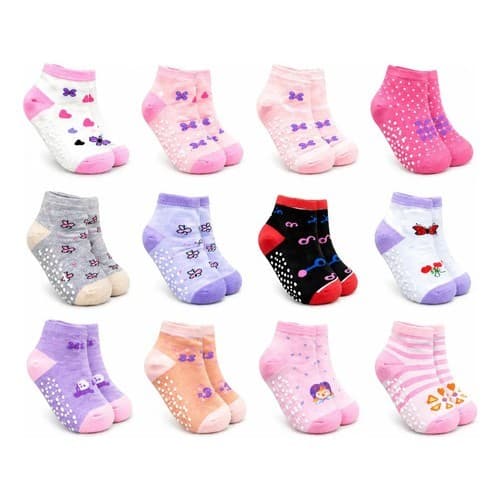Kit 6/12/24 Pares Meias Bebê Menina E Menino Antiderrapante Variadas Menina Bebe Antiderrapante Florido 12 A 24 Meses