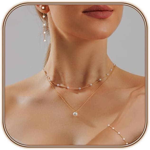 Conjunto de Joias HERIER em Ouro para Mulheres - Colar Choker Delicado com Pérolas Banhado a Ouro/Prata 14K, Brincos Pen