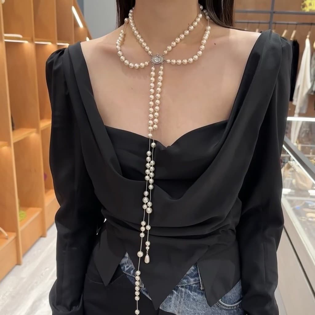 Europeu americano outono inverno longo pérola Multi-camada borla influenciador colar nicho High-End assimétrico camisola
