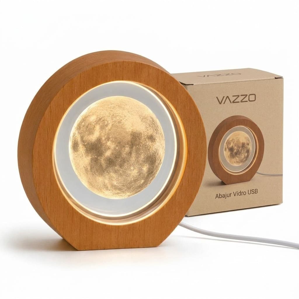 Abajur Mesa Luminaria Lunar LED USB 3500K Madeira Bivolt Vazzo