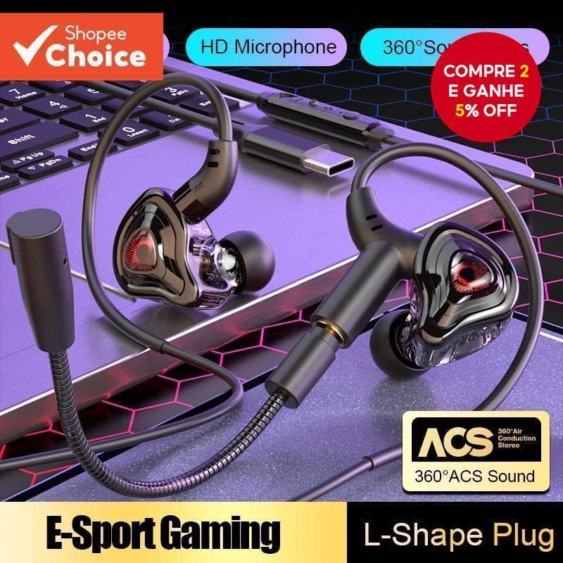 Fones De Ouvido Intra-Auriculares Com Fio Tipo C Ou 3.5 Mm Fone Som Estéreo HiFi Microfone Duplo Esportivo Para Jogos
