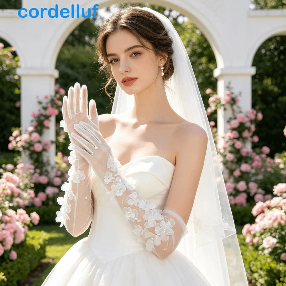Luvas Longas CORDELLUF , Florais Tridimensionais De Malha Transparente Pérola , Elegantes