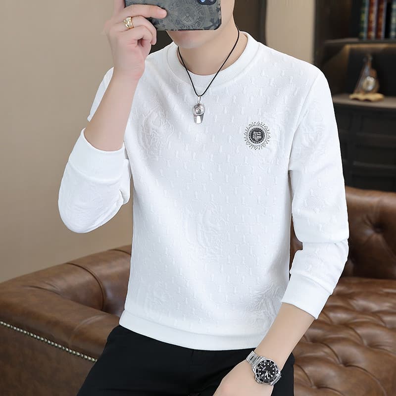 Camiseta masculina de manga comprida em torno do pescoço primavera outono 2024 novo estilo camiseta moda na moda moletom