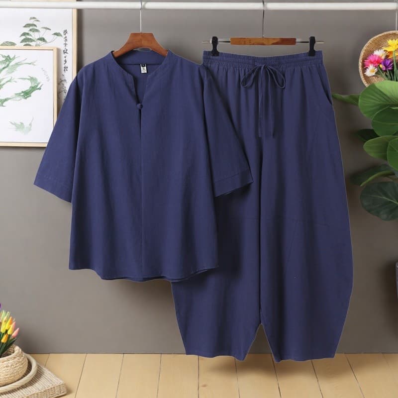 Verão algodão linho Loungewear masculino manga três quartos topos roupas de meditação tornozelo-perna calças Layman roup