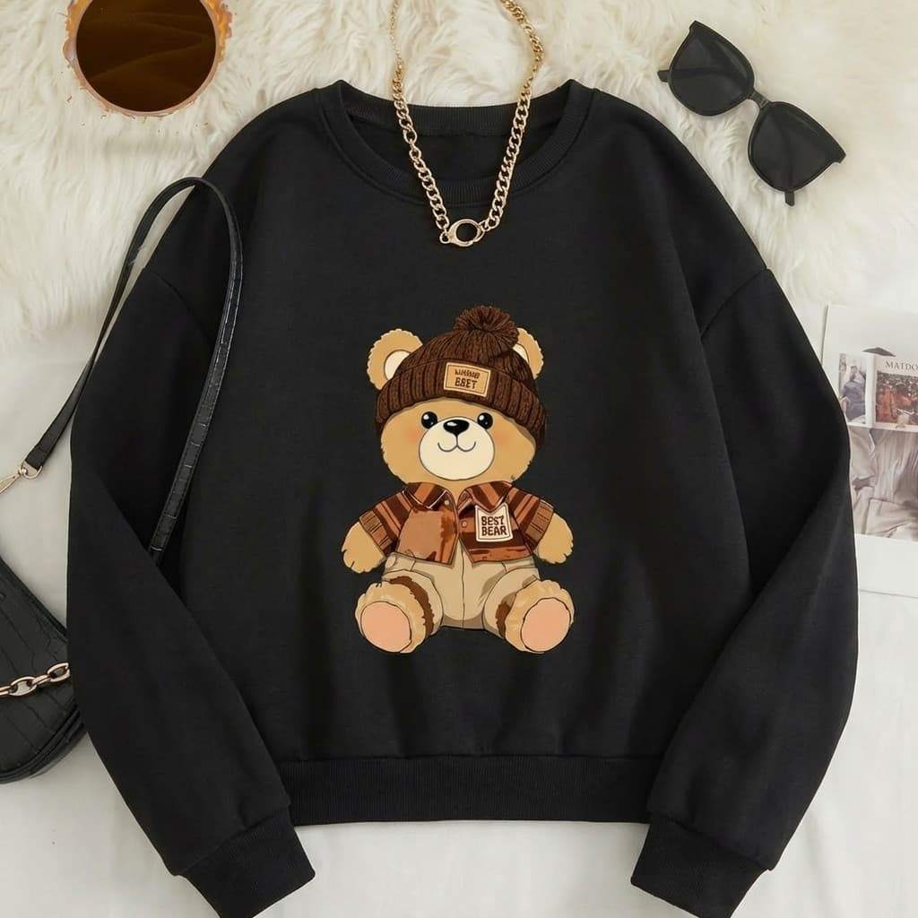 Moletom Urso Gola Redonda Sem Estampa Ursinho Inverno Blusa de Frio Feminina Manga Longa