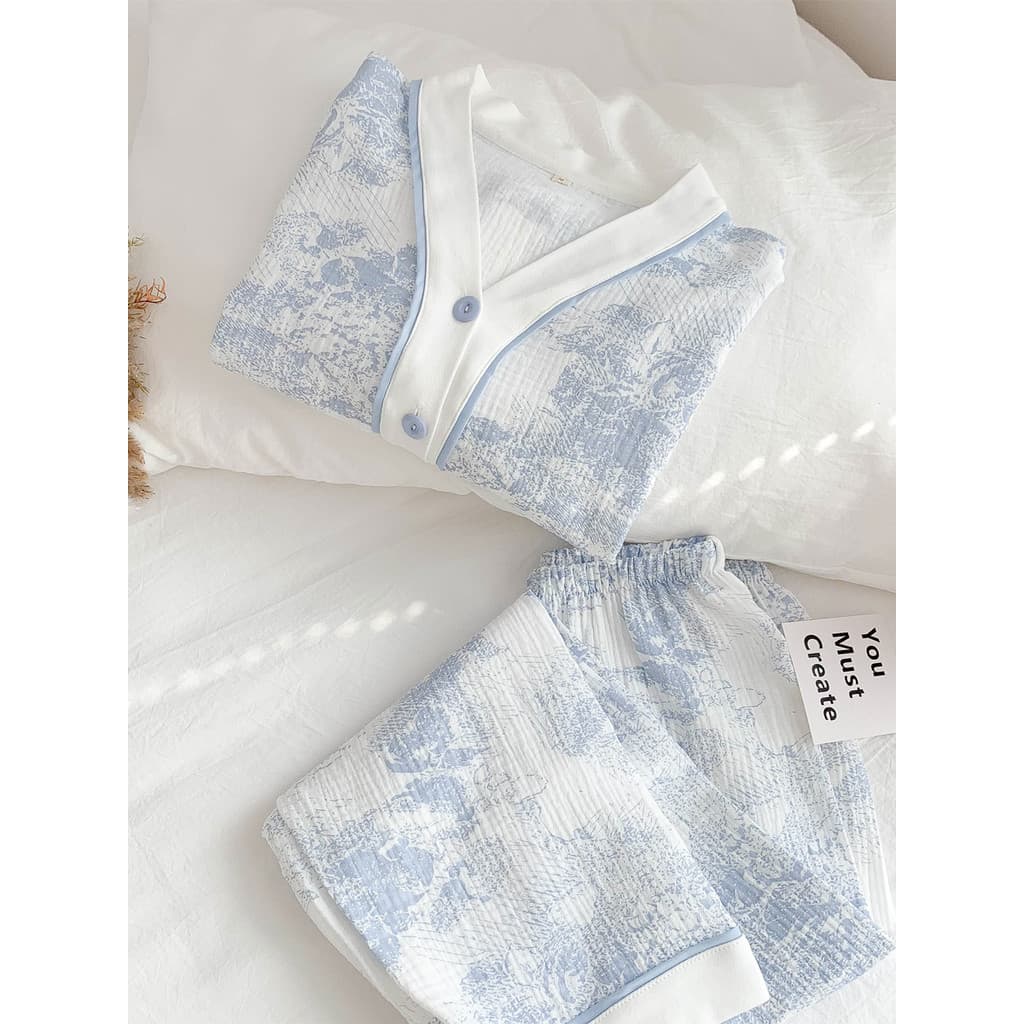 [Porcelana branca azul] Pijama de gaze de algodão puro feminino estilo primavera outono manga comprida estilo fino japon