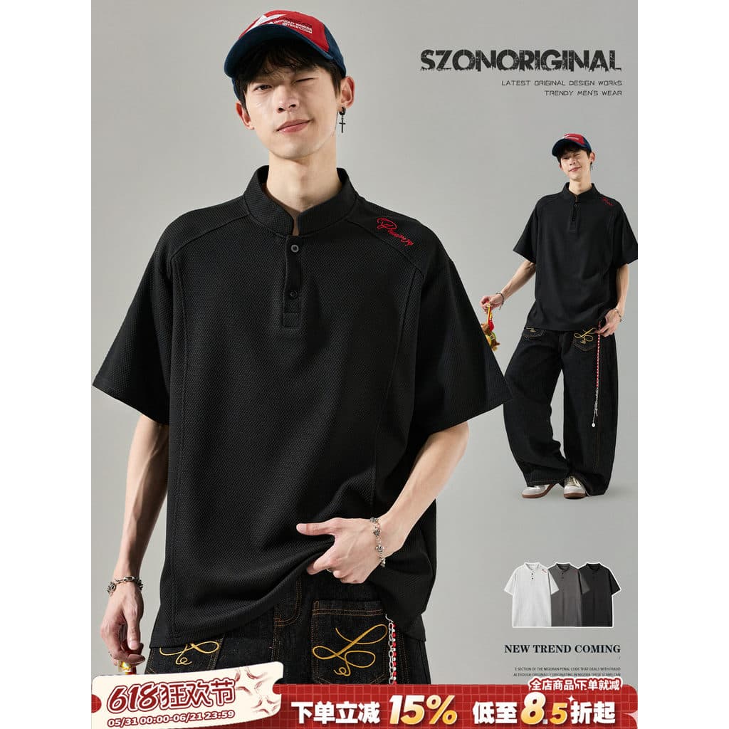 Camisa Polo masculina estilo verão Street Wear bordado novo estilo chinês gola manga curta estilo americano costura clea