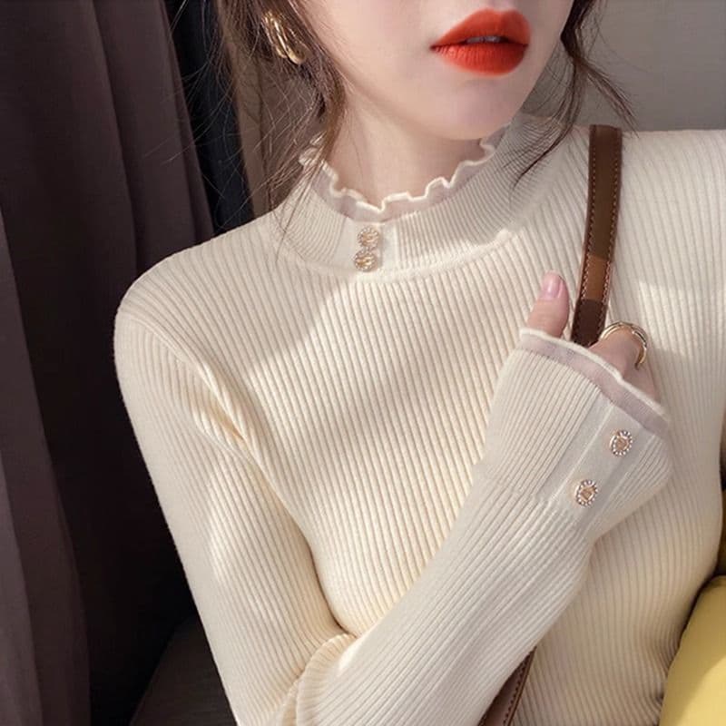 Camisa de fundo pequeno novo estilo camisola de malha feminina gola de renda fino ajuste topo outono inverno meia alta C