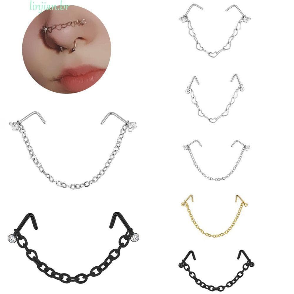 LINJIAN Nariz Piercing Anel Masculino Punk Aço Inoxidável Amor Coração Corrente Strass Narina Bola Septo Anéis