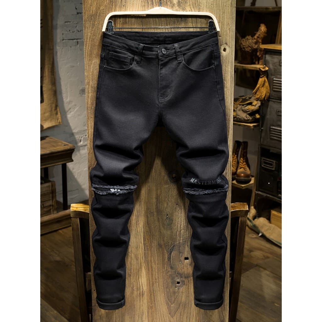 Calças de brim pretas masculinas rasgadas meninos high street magro-fit calças masculinas retas calças casuais street We