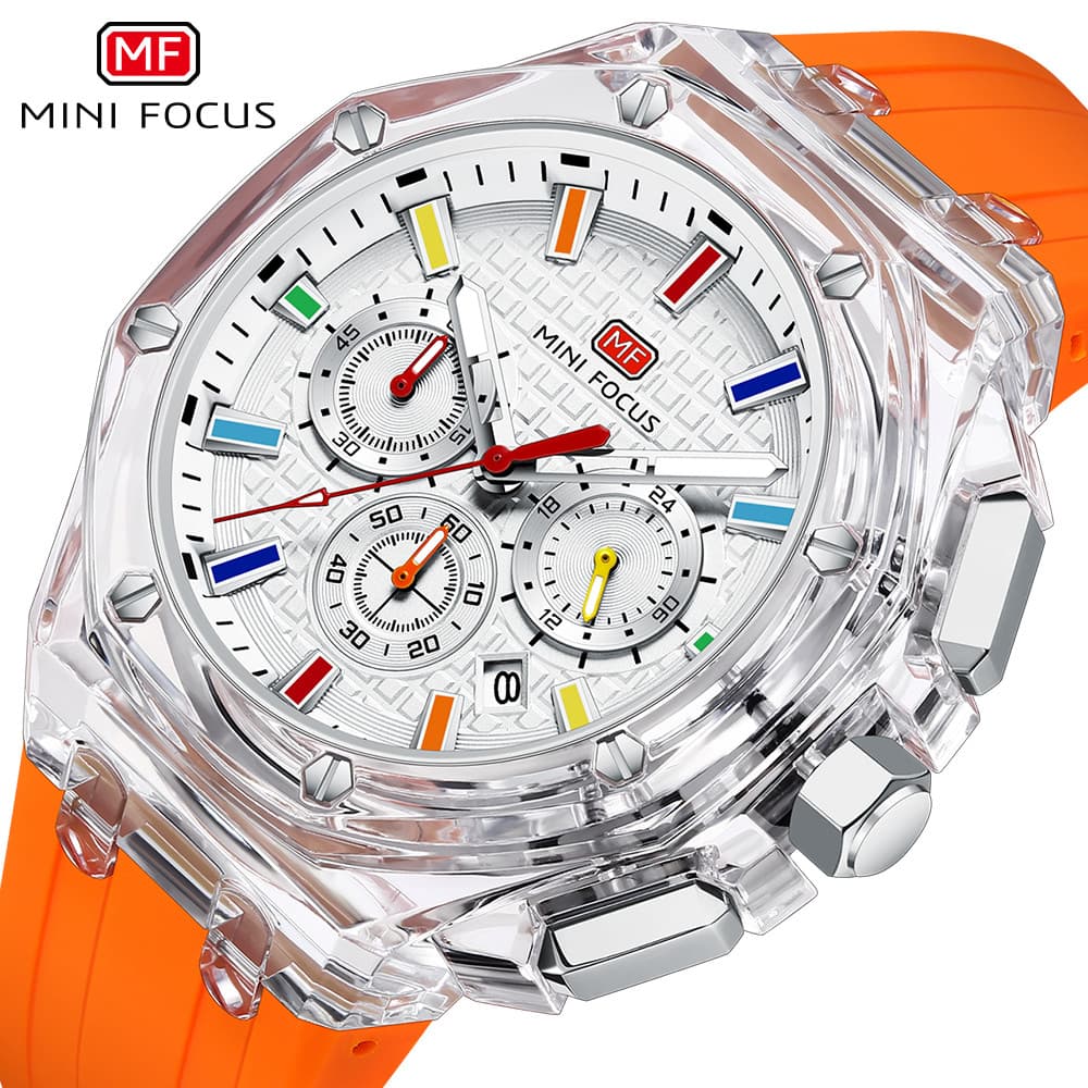 Novo MINI foco relógio masculino na moda mostrador acrílico Ultra-leve octogonal caso transparente multifuncional estuda