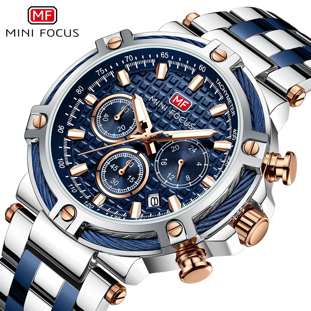 MINI FOCUS Fox Relógio Casual Masculino Relógio de Quartzo À Prova D 'Água Banda de Aço Luminosa Relógio Masculino 0470G