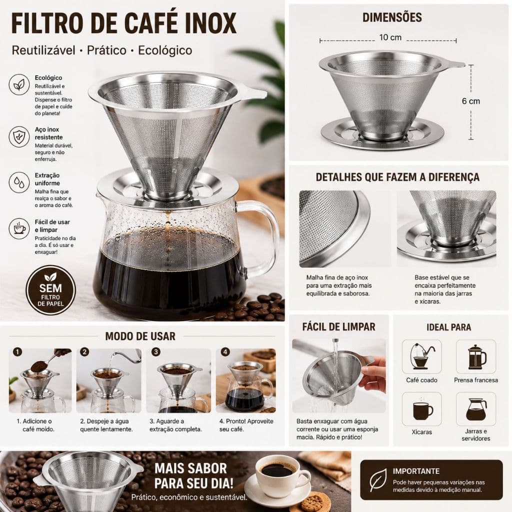 Coador de Café InoxArte 103 – Filtro Permanente Aço Inox Reutilizável | Café Artesanal sem Papel