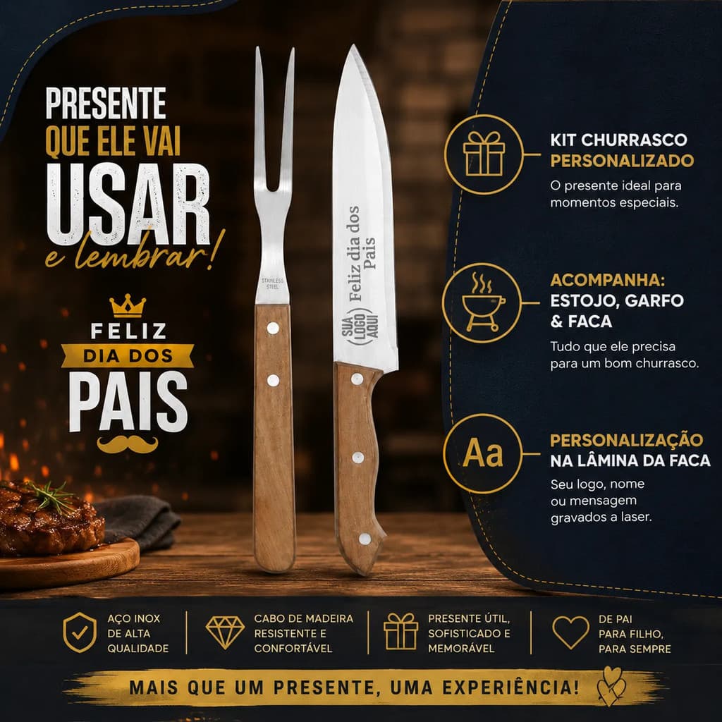 5 Kit Churrasco Faca & Garfo Personalizados Com Sua Logo Nome Ou Brazão De Time | Presente Dia Dos Pais